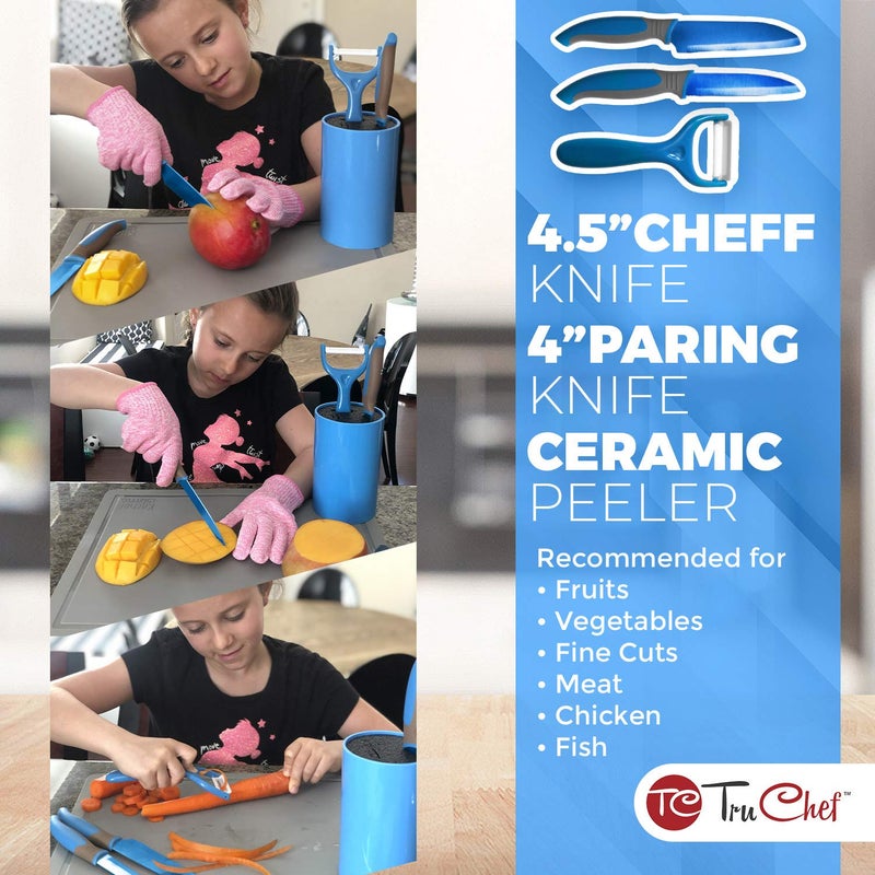 TruChef 5-Piece Kids Knife Set | Real Stainless Steel Cooking Knives with Peeler, Serrated Blade & Storage Stand | Safe, Easy-Grip Design â€“ Fun Junior Chef Set for Boys & Girls (5 pcs, Blue) - Image 4